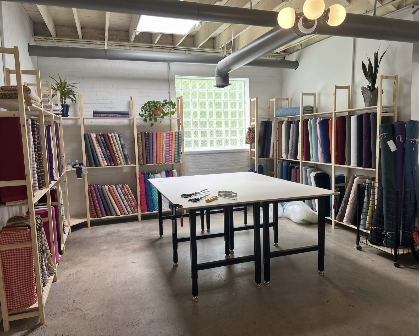 Cutting table with scissors and measuring tape surrounded by shelves of fabric bolts